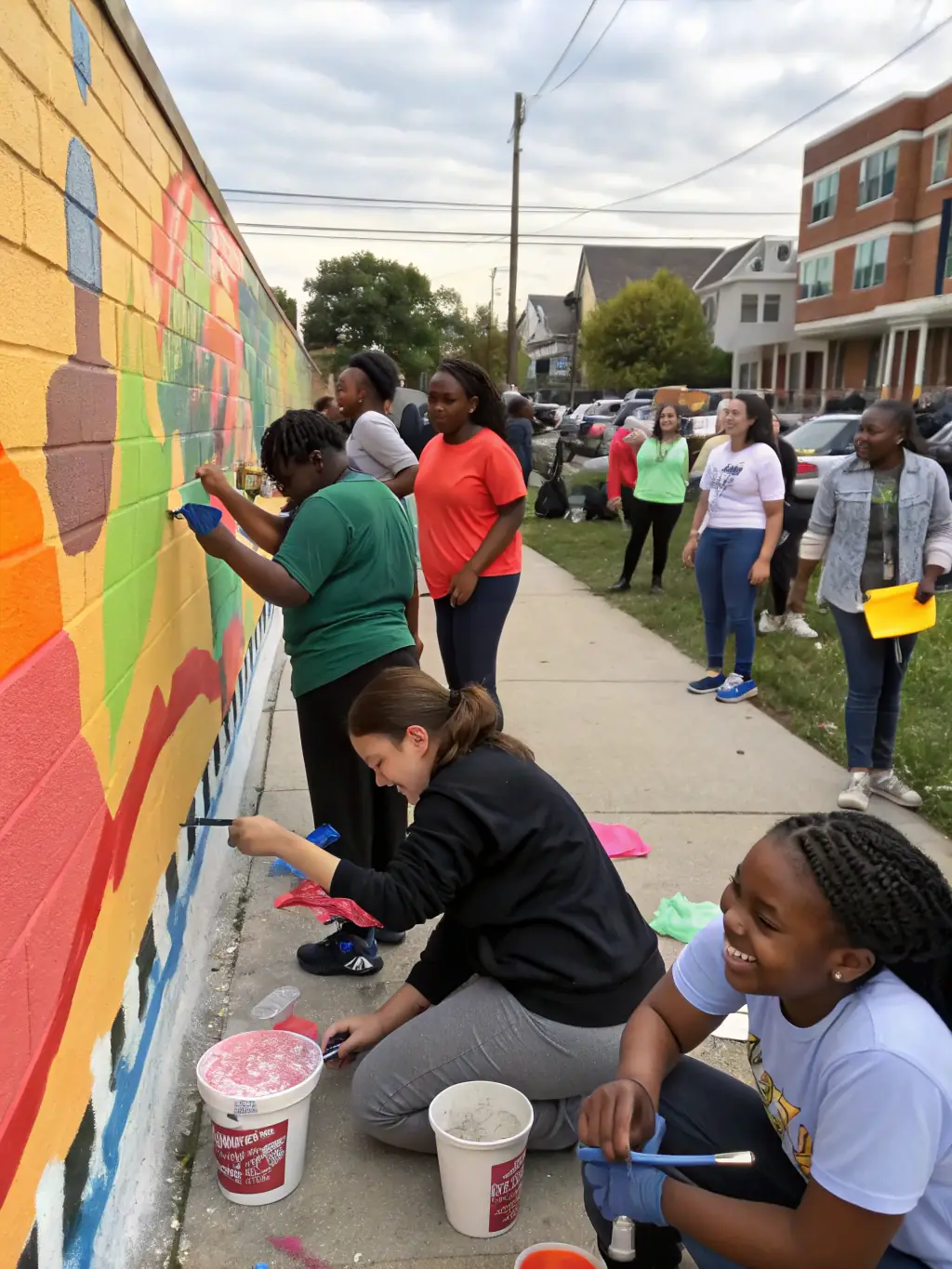 A photograph of a community outreach event, showing artists interacting with local residents, conducting an outdoor art session, and fostering cultural engagement in a public space.