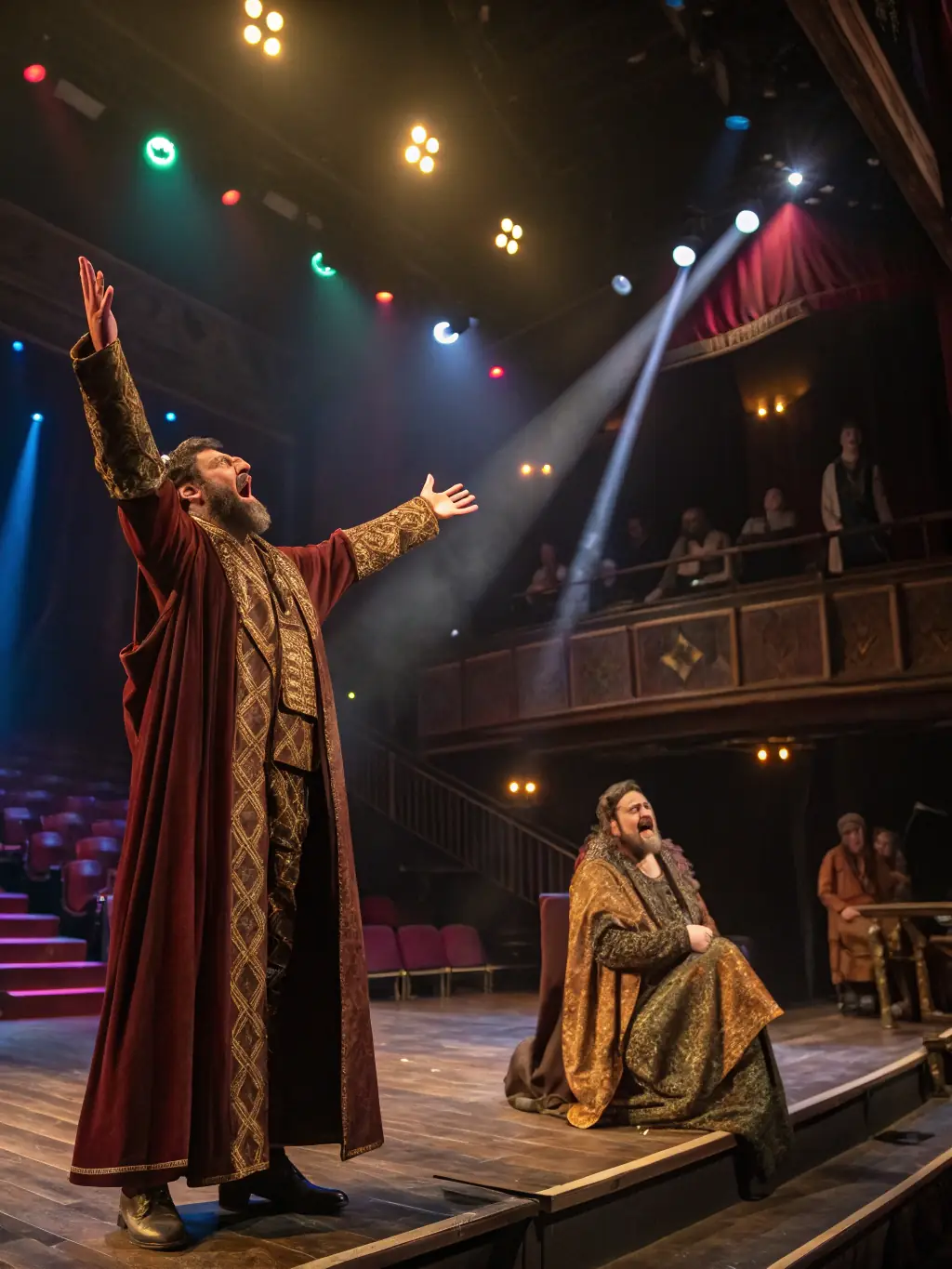 A captivating image of a live theatrical performance, highlighting the stage design, costumes, and actors in action, capturing the essence of a dramatic scene with expressive lighting.